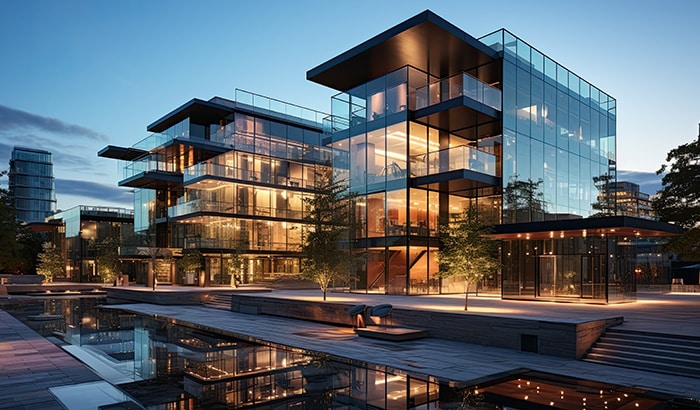 A modern glass and steel building with water reflecting its sleek design and structure.